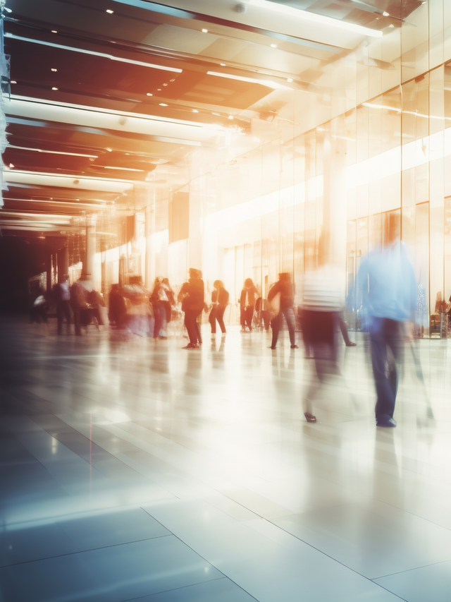 People in motion, walking, blurred abstract background