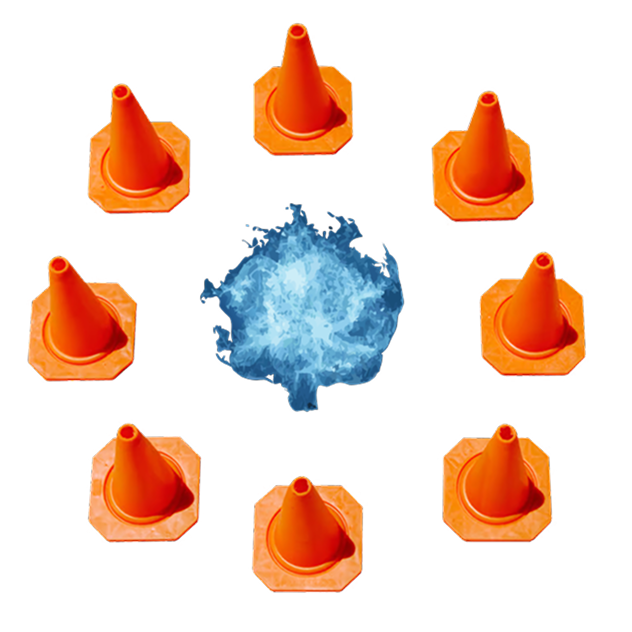 Image of eight orange traffic cones arranged in a circle around a glowing blue flame at the center