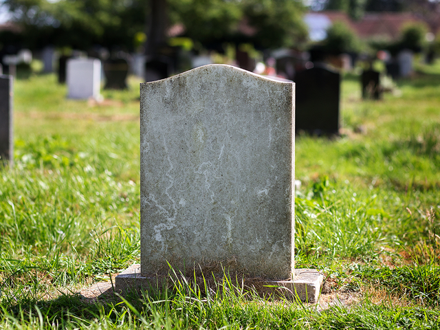 Blank gravestone in grass with other gravestones and trees in the background