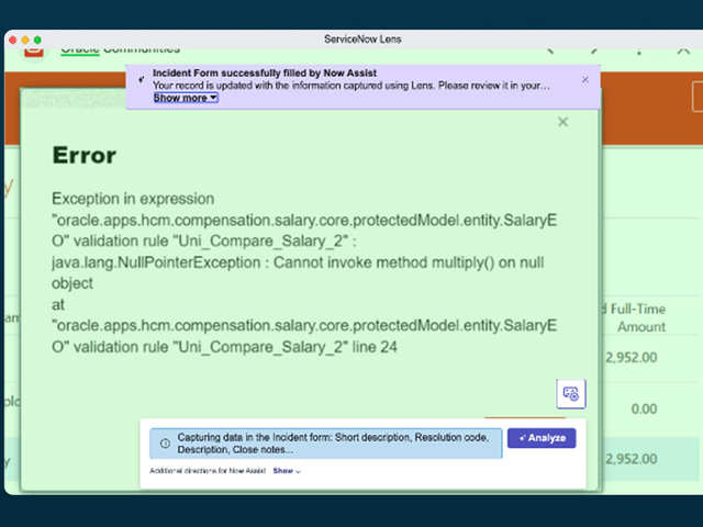 Lens screenshot showing a Now Assist incident report
