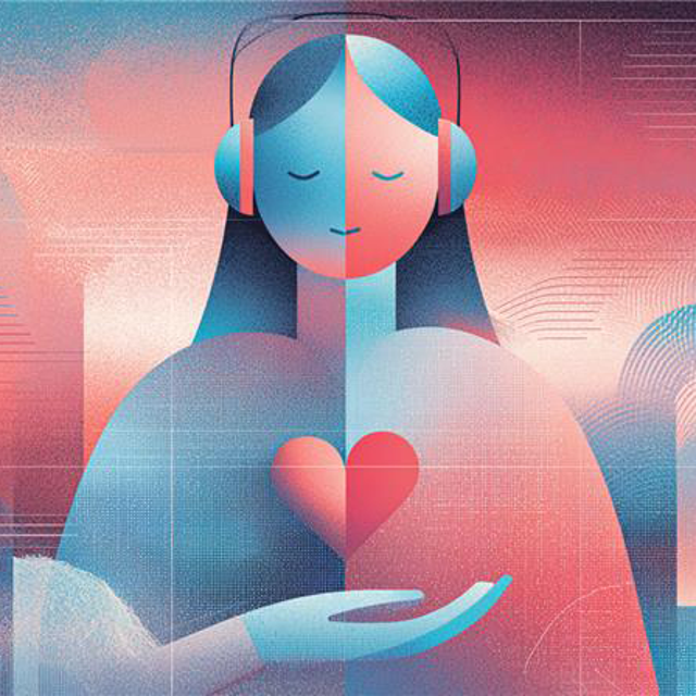 Illustration of a woman wearing headphones holding a heart in her hand