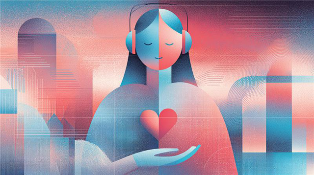 Illustration of a woman wearing headphones holding a heart in her hand