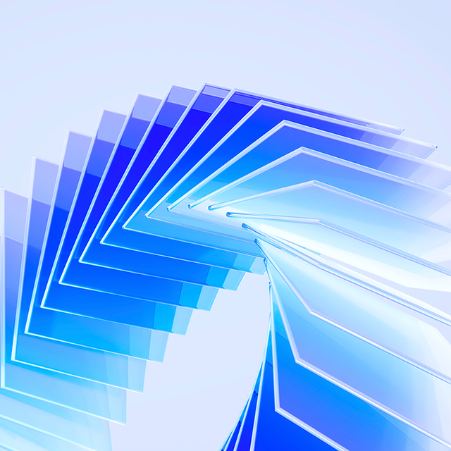 A 3D rendering of square glass plates arranged in a sweeping abstract curve