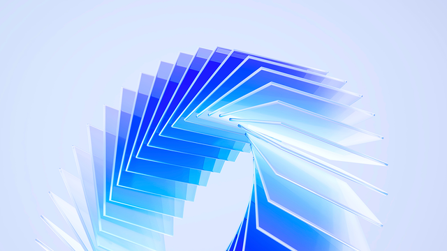 A 3D rendering of square glass plates arranged in a sweeping abstract curve