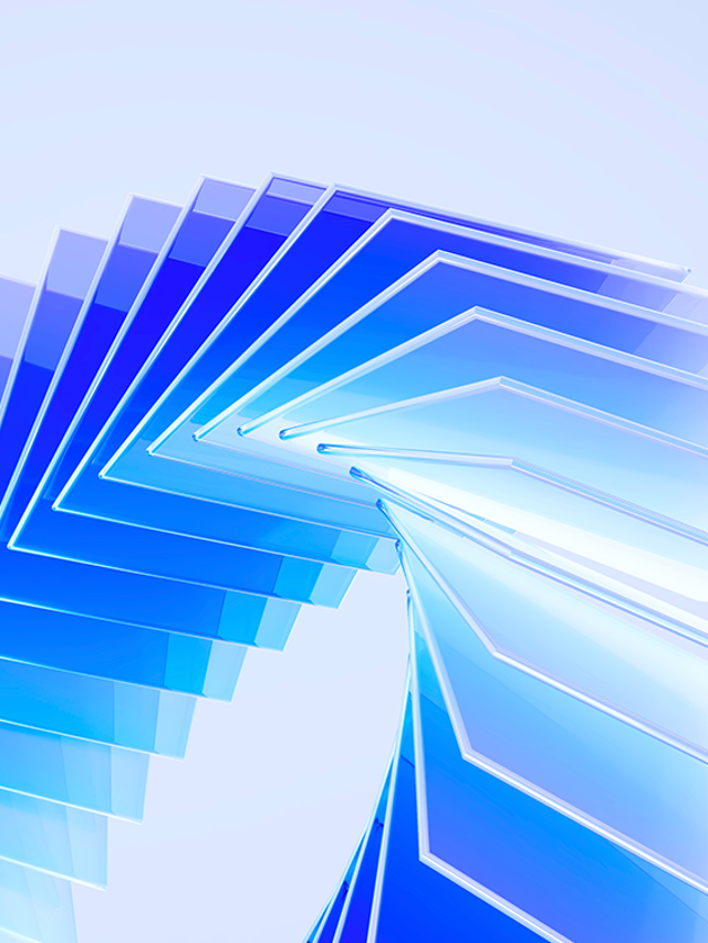 A 3D rendering of square glass plates arranged in a sweeping abstract curve