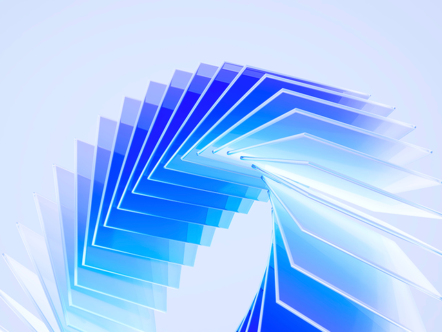 A 3D rendering of square glass plates arranged in a sweeping abstract curve