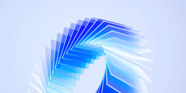 A 3D rendering of square glass plates arranged in a sweeping abstract curve