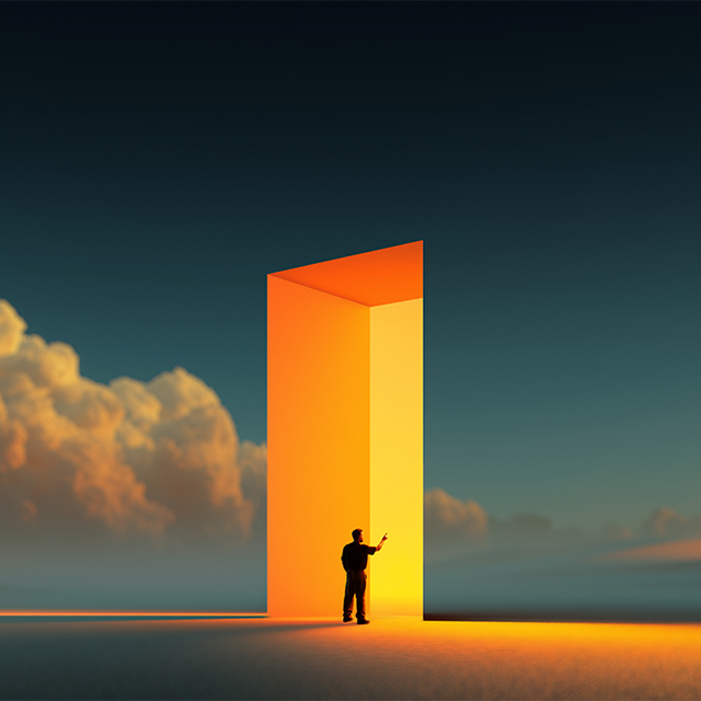Illustration of a man standing in a huge doorway leading from clouds to light