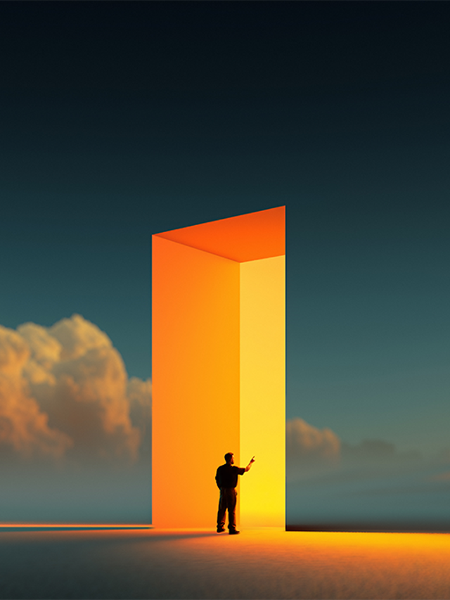 Illustration of a man standing in a huge doorway leading from clouds to light