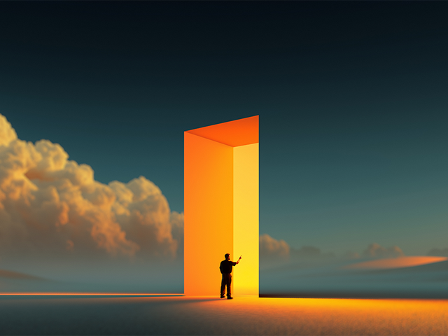 Illustration of a man standing in a huge doorway leading from clouds to light