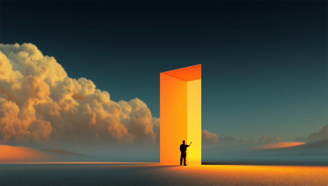 Illustration of a man standing in a huge doorway leading from clouds to light