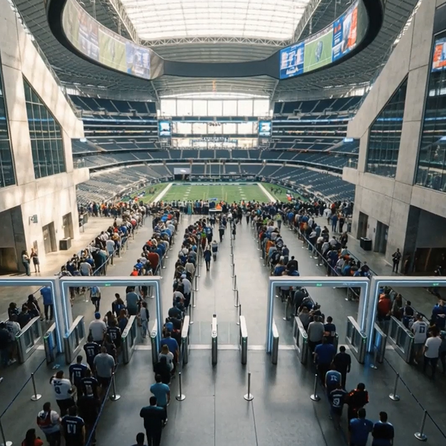People walking into a futuristic arena