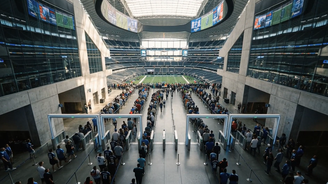 People walking into a futuristic arena