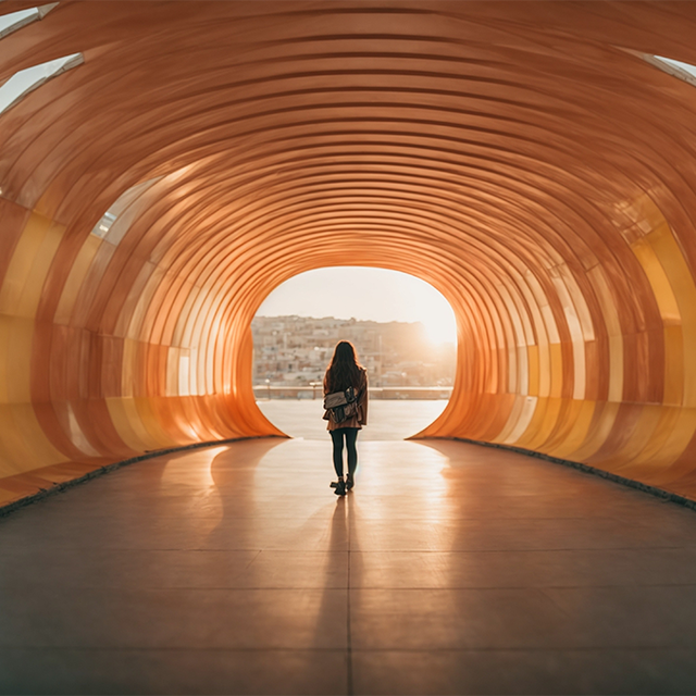 Woman standing in the middle of a tunnel