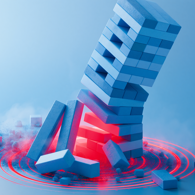 Illustration of a falling block tower due to a weak foundation