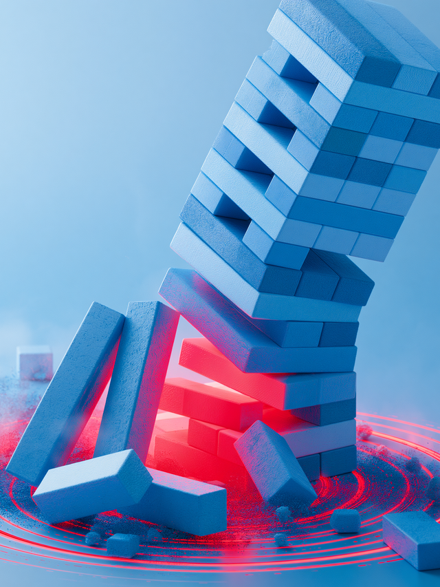 Illustration of a falling block tower due to a weak foundation