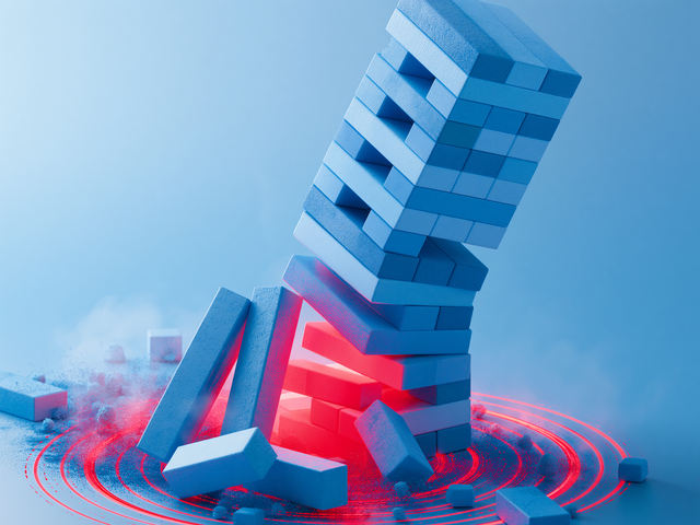Illustration of a falling block tower due to a weak foundation