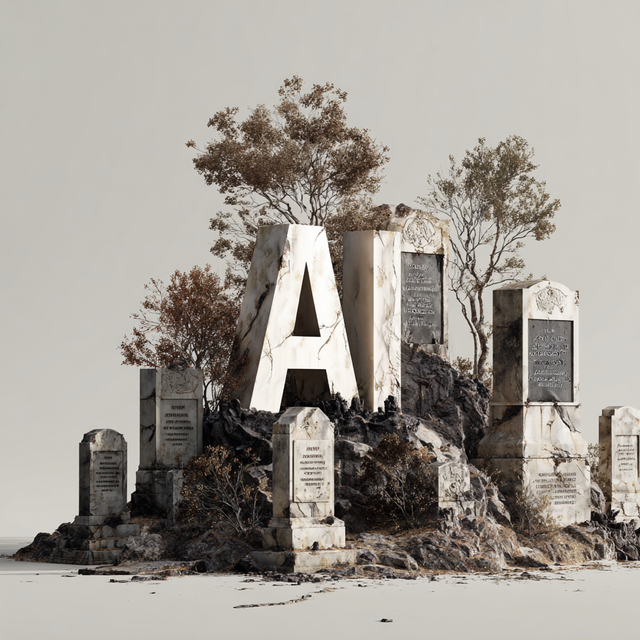 Illustration of AI as a headstone on a hill of headstones and trees