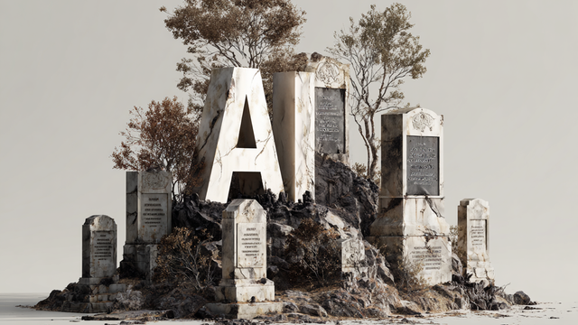 Illustration of AI as a headstone on a hill of headstones and trees