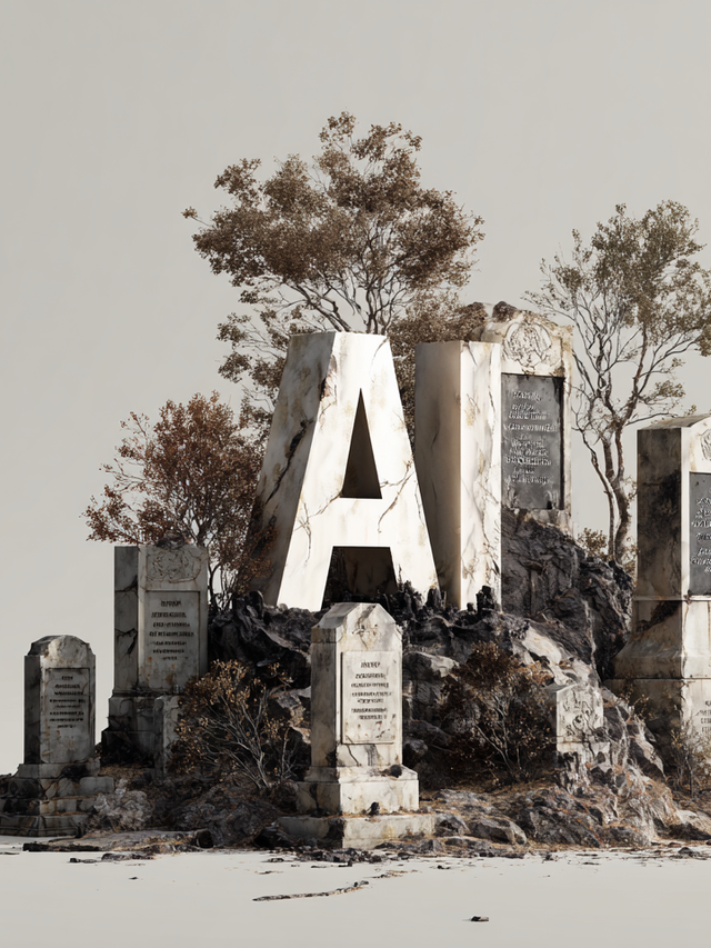Illustration of AI as a headstone on a hill of headstones and trees
