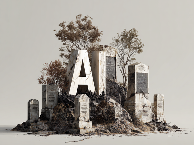 Illustration of AI as a headstone on a hill of headstones and trees