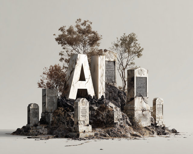 Illustration of AI as a headstone on a hill of headstones and trees