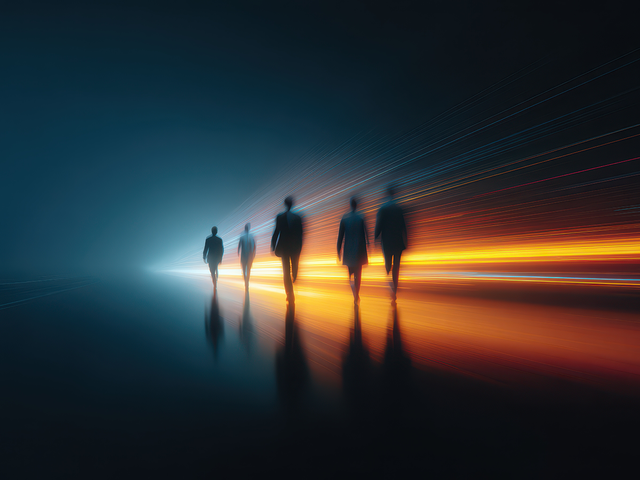 Silhouettes of business people walking through illuminated corridor with glowing blue and orange light trails