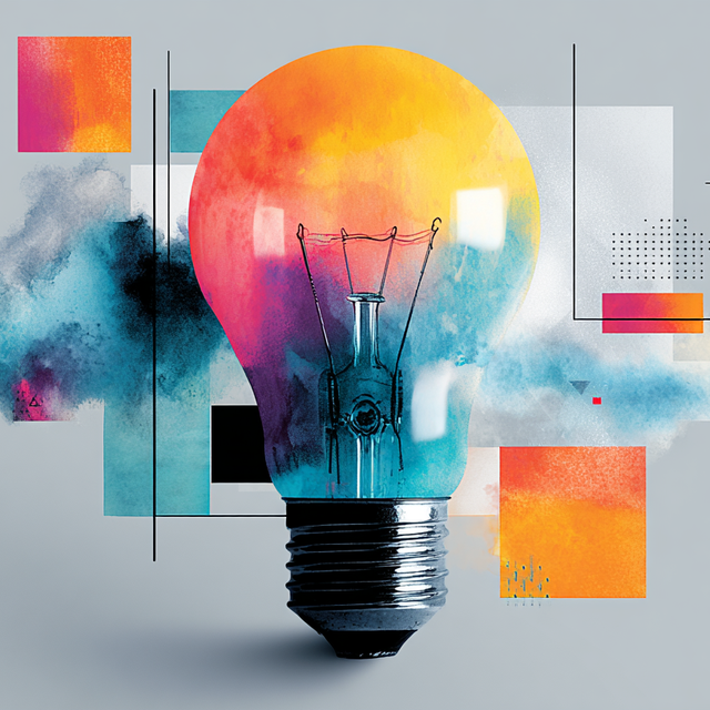Illustration of a colorful lightbulb flanked by square shapes
