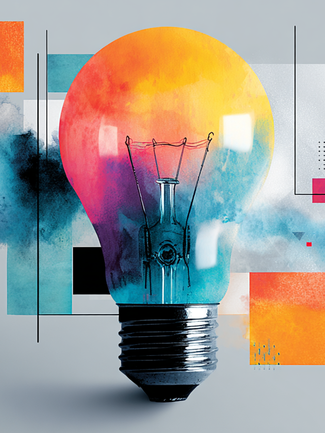 Illustration of a colorful lightbulb flanked by square shapes