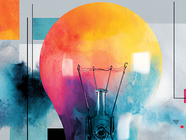 Illustration of a colorful lightbulb flanked by square shapes