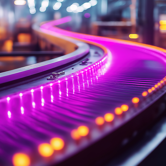 Pink-lit conveyor belt in a warehouse