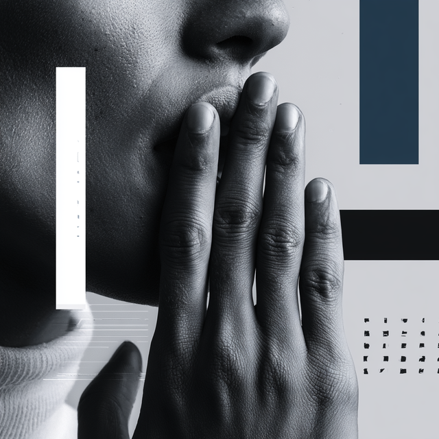 Black and white illustration with a side view of a hand blocking a mouth
