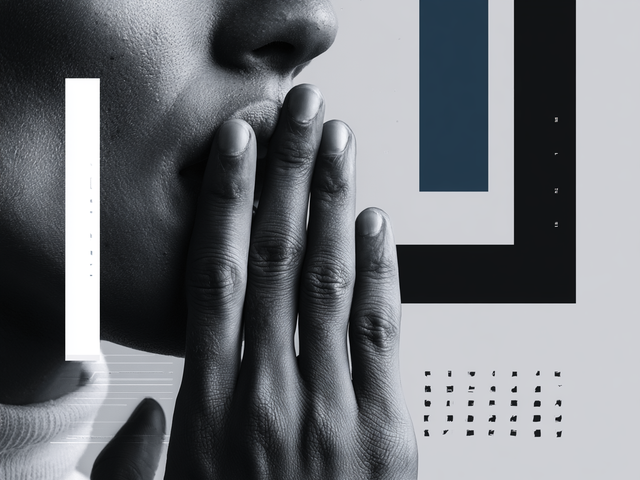 Black and white illustration with a side view of a hand blocking a mouth