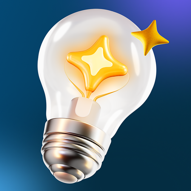 3d lightbulb with two four-pronged gold AI stars on a blue background