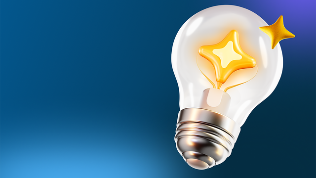 3d lightbulb with two four-pronged gold AI stars on a blue background