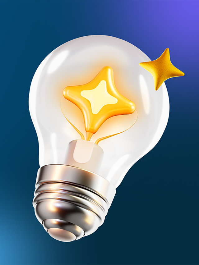 3d lightbulb with two four-pronged gold AI stars on a blue background
