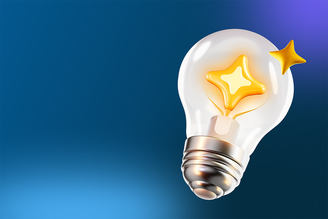 3d lightbulb with two four-pronged gold AI stars on a blue background