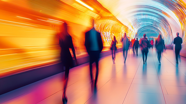 Abstract motion blur of people in a modern futuristic walkway with bright neon colors