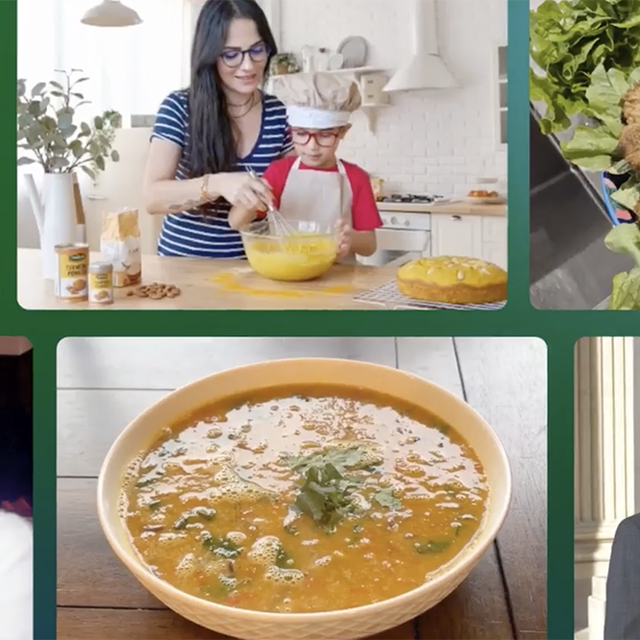 A collage of families and foods