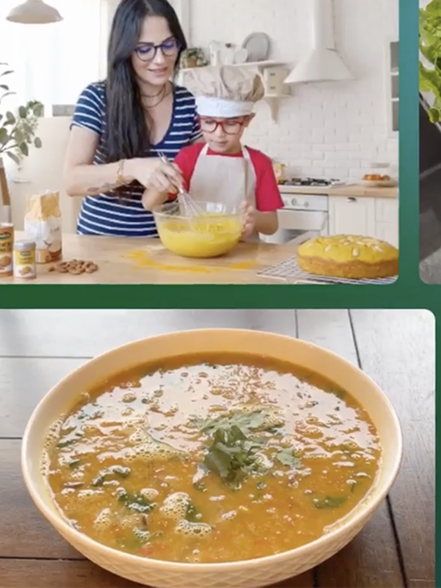 A collage of families and foods