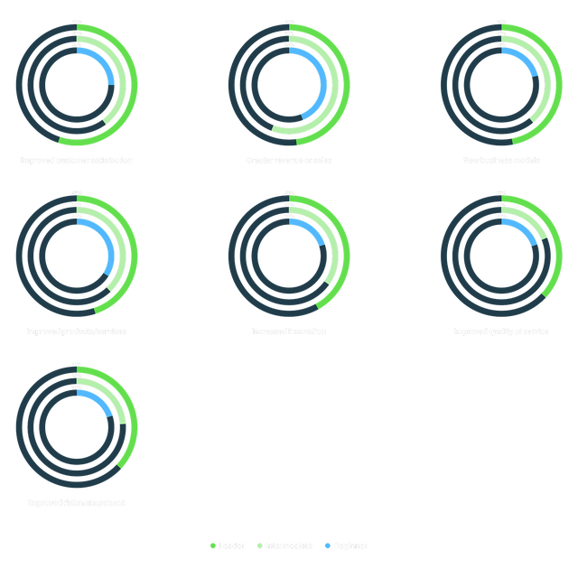 Seven donut charts comparing innovation outcomes by maturity level. Leaders consistently outperform across all categories: Improved customer satisfaction (55% vs. 40% vs. 25%), Greater revenue or sales (48% vs. 56% vs. 44%), New business models (47% vs. 39% vs. 21%), Improved products/services (45% vs. 38% vs. 34%), Increased innovation (42% vs. 35% vs. 20%), Improved quality of service (37% vs. 19% vs. 20%), and Improved risk management (37% vs. 24% vs. 20%).