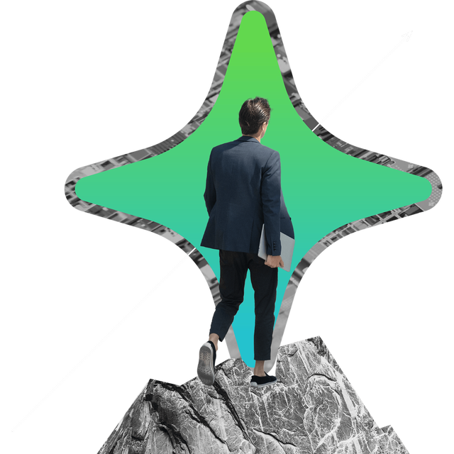 A person stands on a rocky peak in front of a large green star shape with an upward arrow, symbolizing leadership and forward momentum.