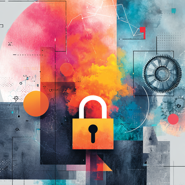 Colorful illustration of square and circle shapes with a gear and a lock