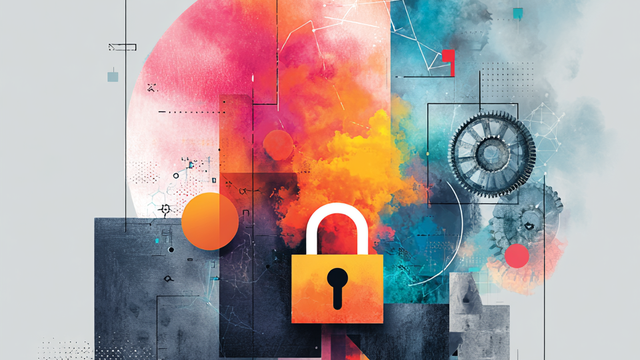 Colorful illustration of square and circle shapes with a gear and a lock