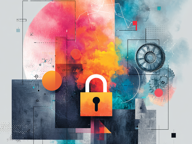 Colorful illustration of square and circle shapes with a gear and a lock