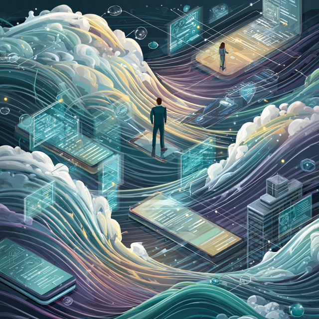 Illustration of people standing on technology in the middle of moving waves