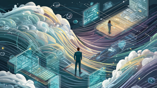 Illustration of people standing on technology in the middle of moving waves