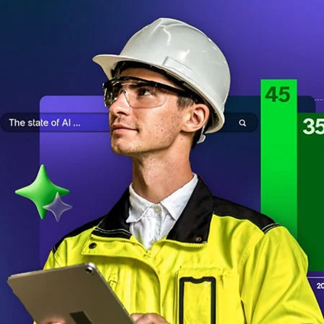 Man in a hard hat, yellow jacket, and goggles against a purple background with green bars on it