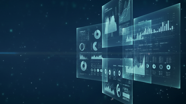 Holographic data dashboards and analytics panels representing the gap between AI promise and real-world execution