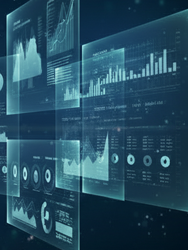 Holographic data dashboards and analytics panels representing the gap between AI promise and real-world execution